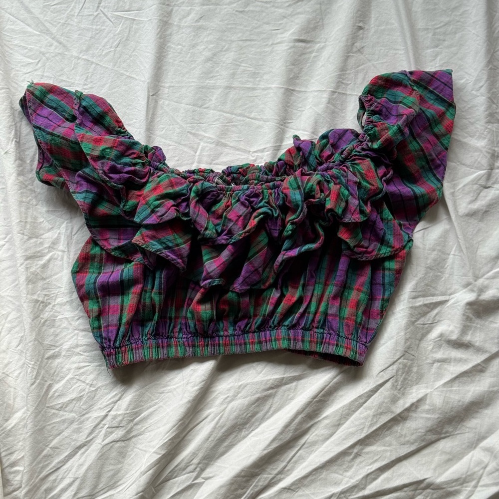 Plaid Ruffle Off-Shoulder Crop Top